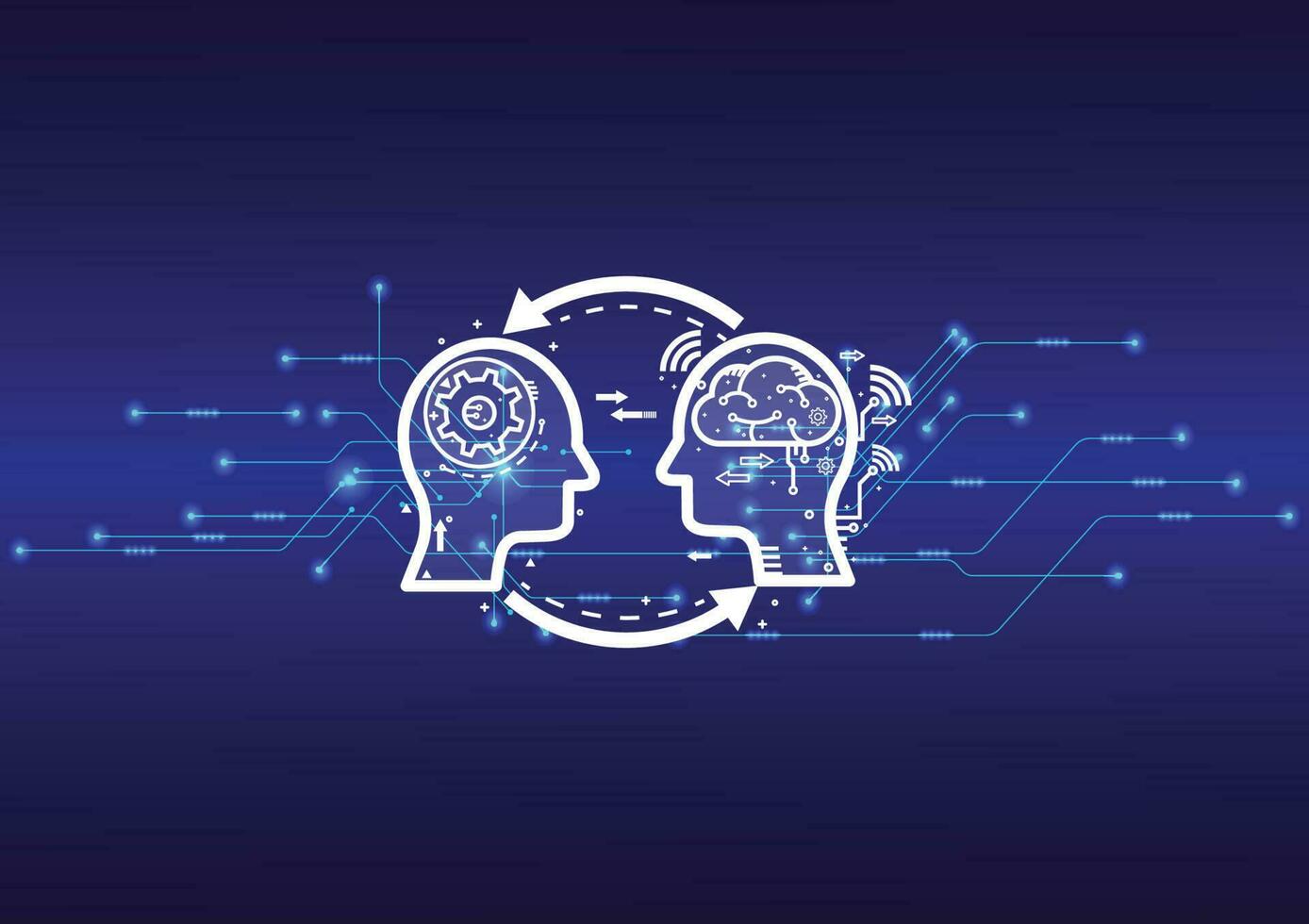 Artificial intelligence concept, Artificial Intelligence. Futuristic technology transformation.  Technology background with human heads and brain. blue gradient background, Vector illustration.