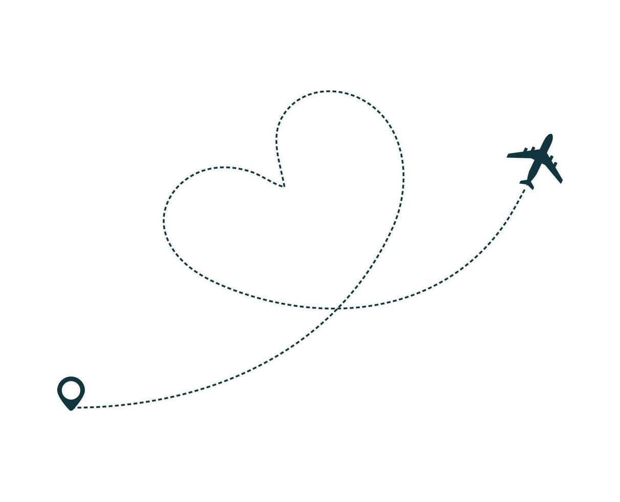 Airplane silhouette icon with dotted line path. vector