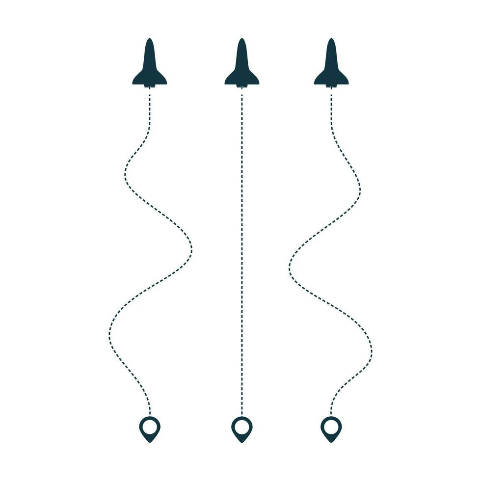 Spaceship silhouette icon with dotted line path. vector