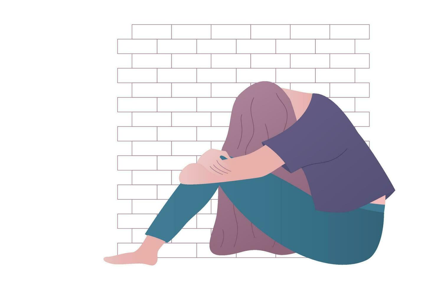 Depressed or upset girl sitting by the brick wall. vector