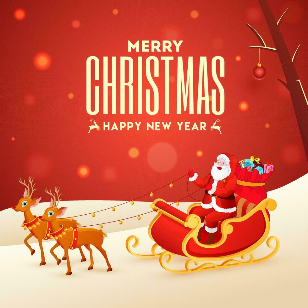 Illustration of santa claus riding reindeer sleigh on red bokeh and snowy background for Merry Christmas and Happy New Year celebration. vector