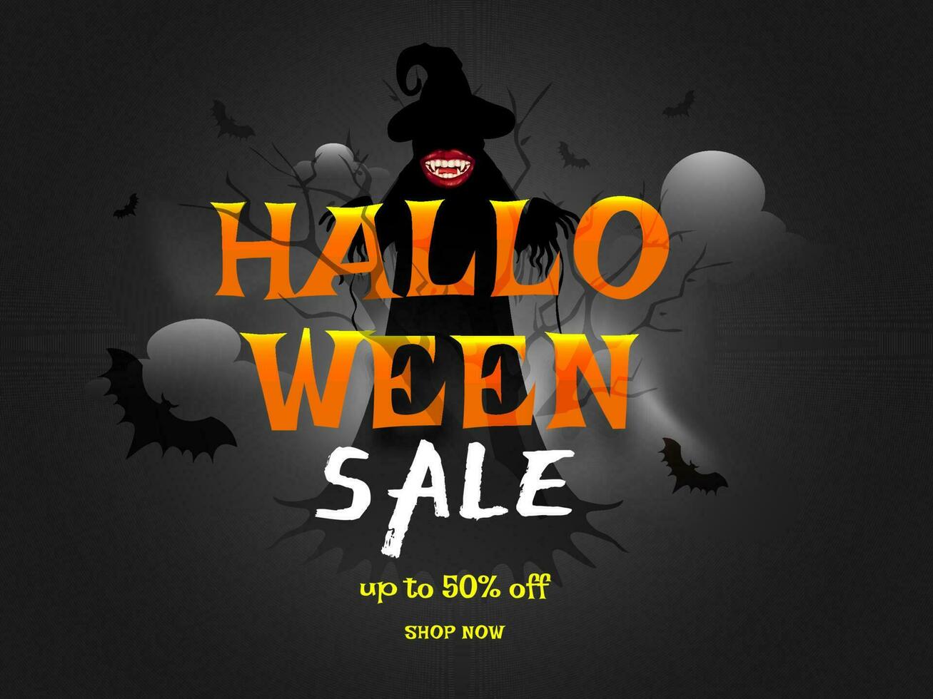 Halloween Sale banner or poster design with discount offer, witch and bats on grey cloudy background. vector