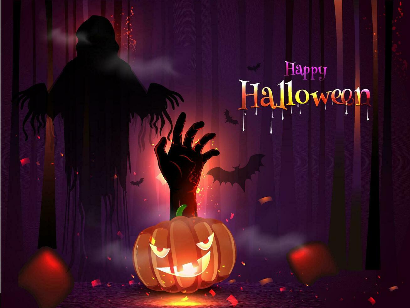 Silhouette of ghost with jack-o-lantern and zombie hand on purple shiny haunted forest background for Happy Halloween celebration. vector
