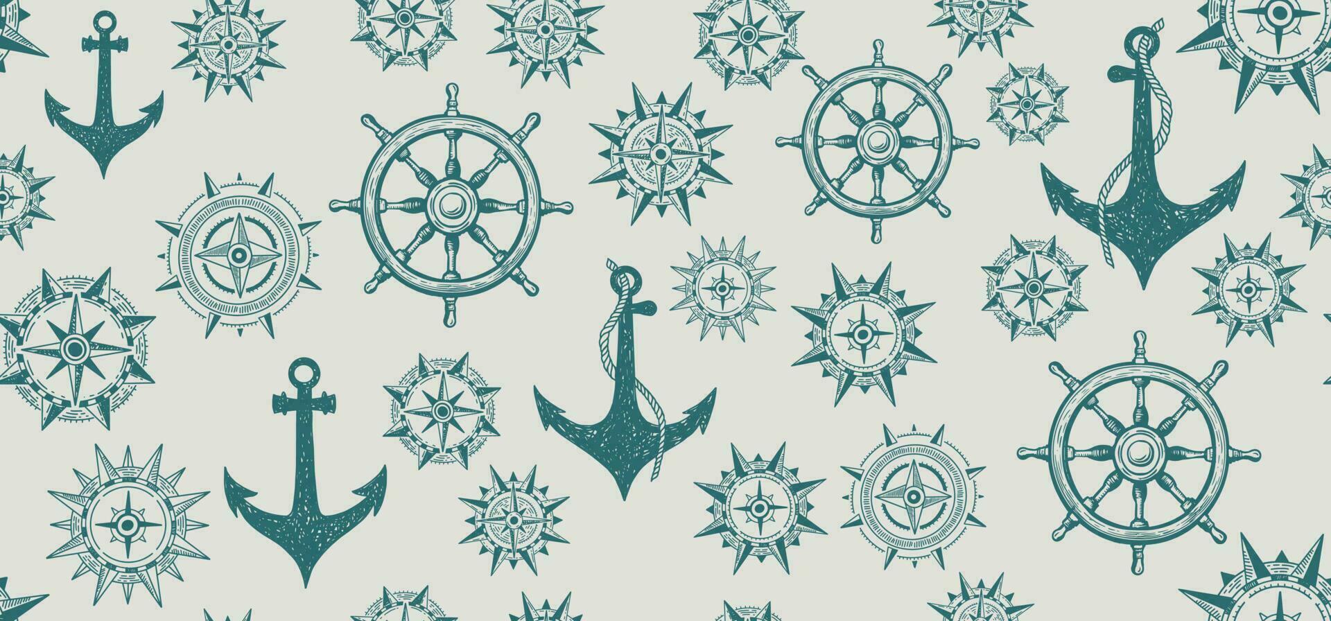 Compass Wind rose, Anchor, Ship wheel, pattern, hand drawn Illustration. vector