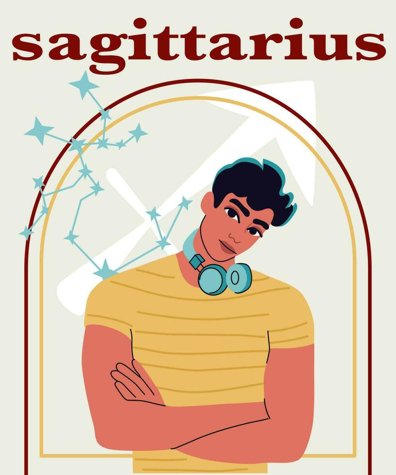 Young handsome man portrait. The guy with headphones, crossed arms. Astrological sign Sagittarius. A concept of zodiac sign. vector