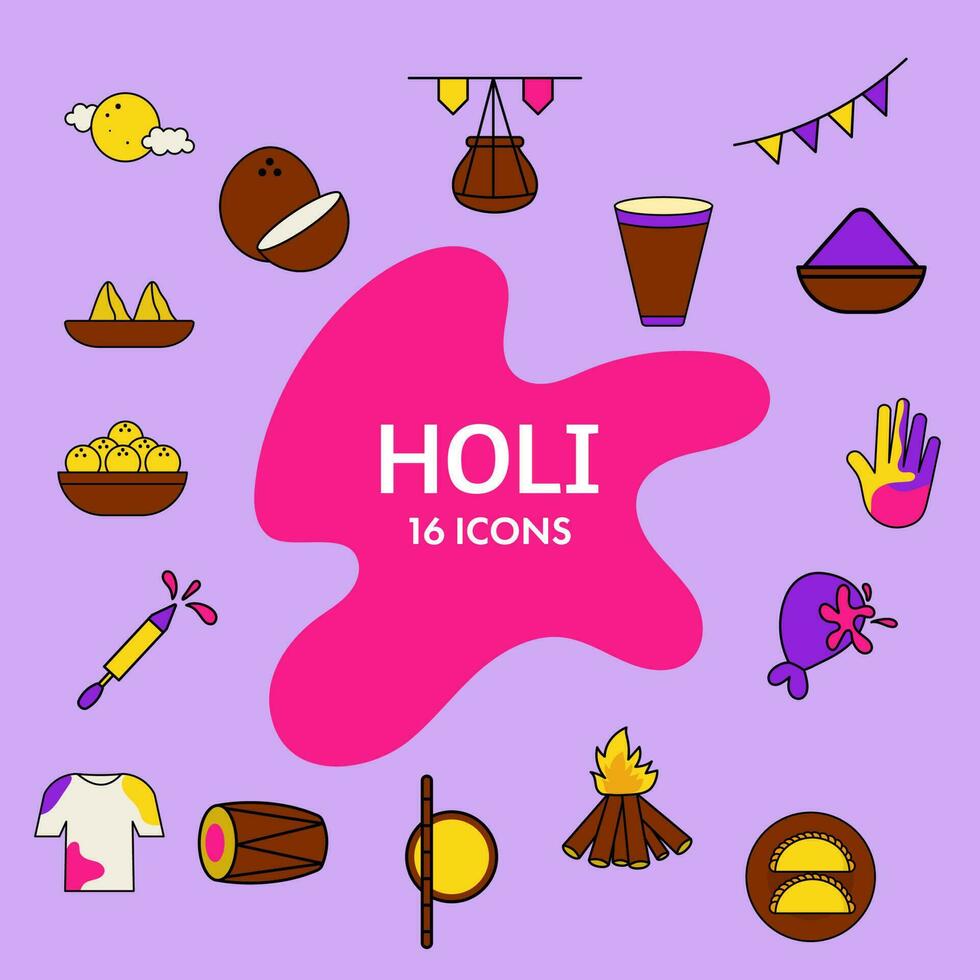 Flat Style Holi Festival 16 Icons Over Pink And Purple Splash Background. vector