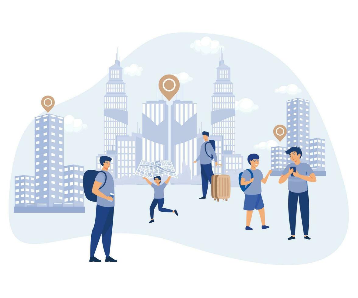 Sightseeing concept, Interactive city quest, city tour, smart destinations project, urban park, old town, taking photos, smart spot, flat vector modern illustration