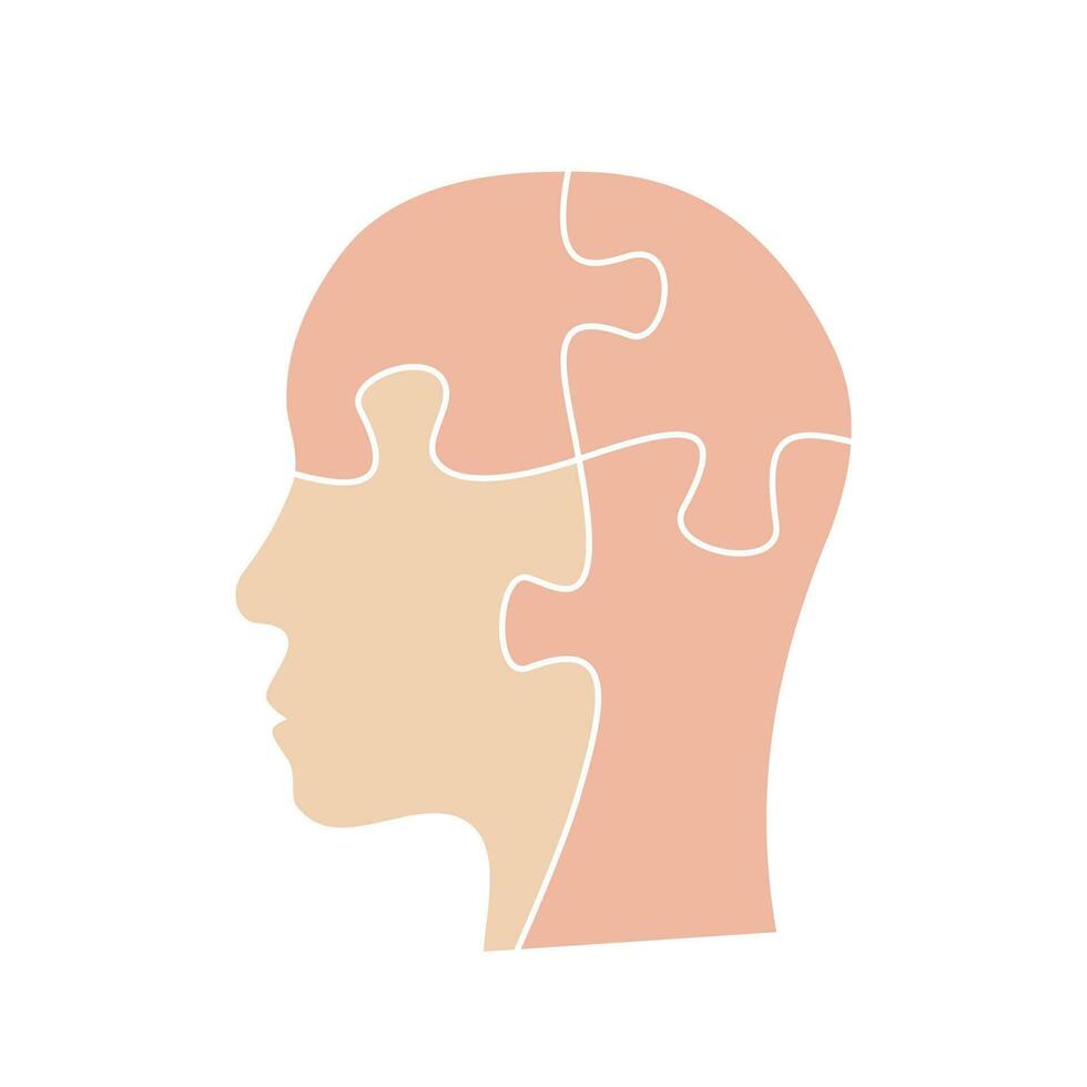 Human head with puzzle pieces inside. Skin color vector