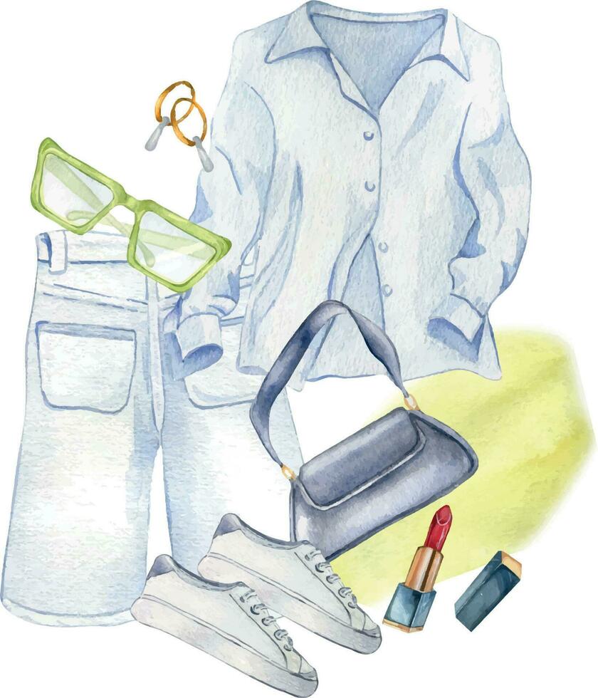 composición de camisa, bermudas, bolsa, zapatillas, Gafas de sol acuarela ilustración aislado en blanco. mujer verano atuendo mano dibujado. diseño para comercio, venta, revista, embalaje, escaparate, modelo vector