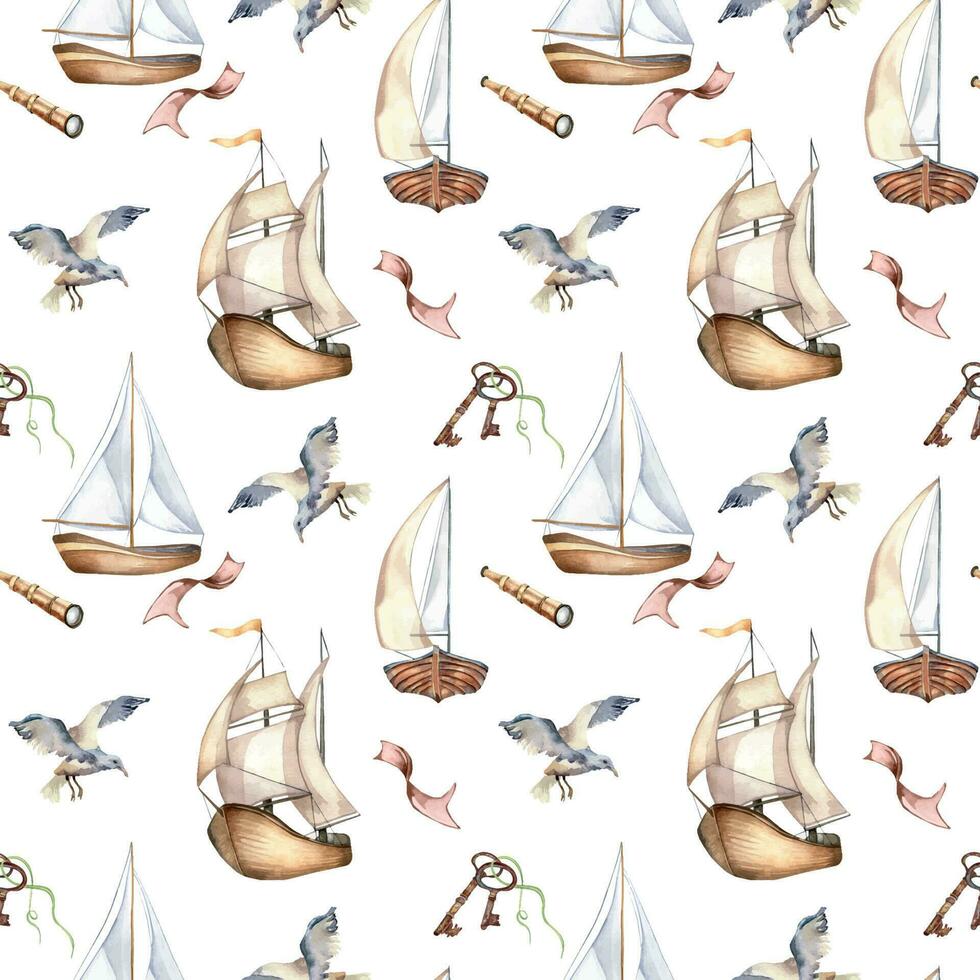 Seamless pattern of sailing boats vintage style watercolor illustration isolated on white. Ship, bird, rusty key hand drawn. Childish design, boy's print, background, textile, wallpaper, packaging vector