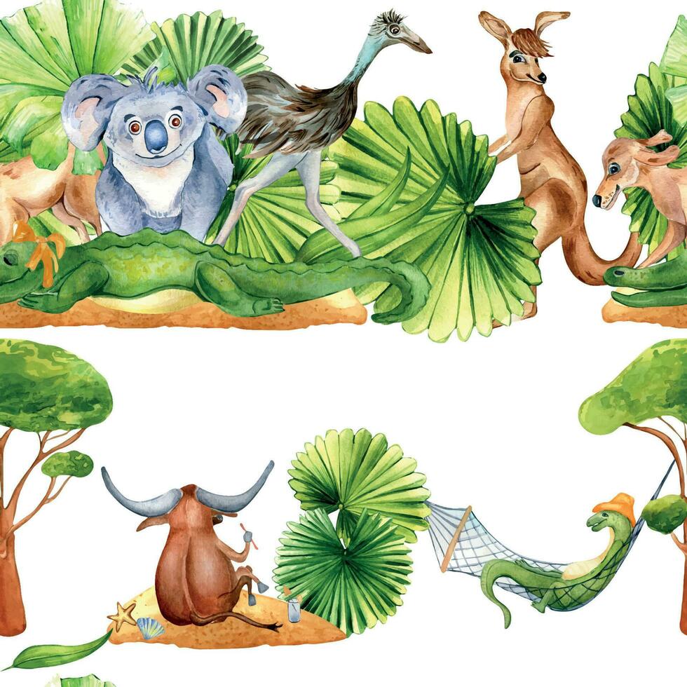 Seamless pattern of cartoon animals watercolor isolated on white. vector