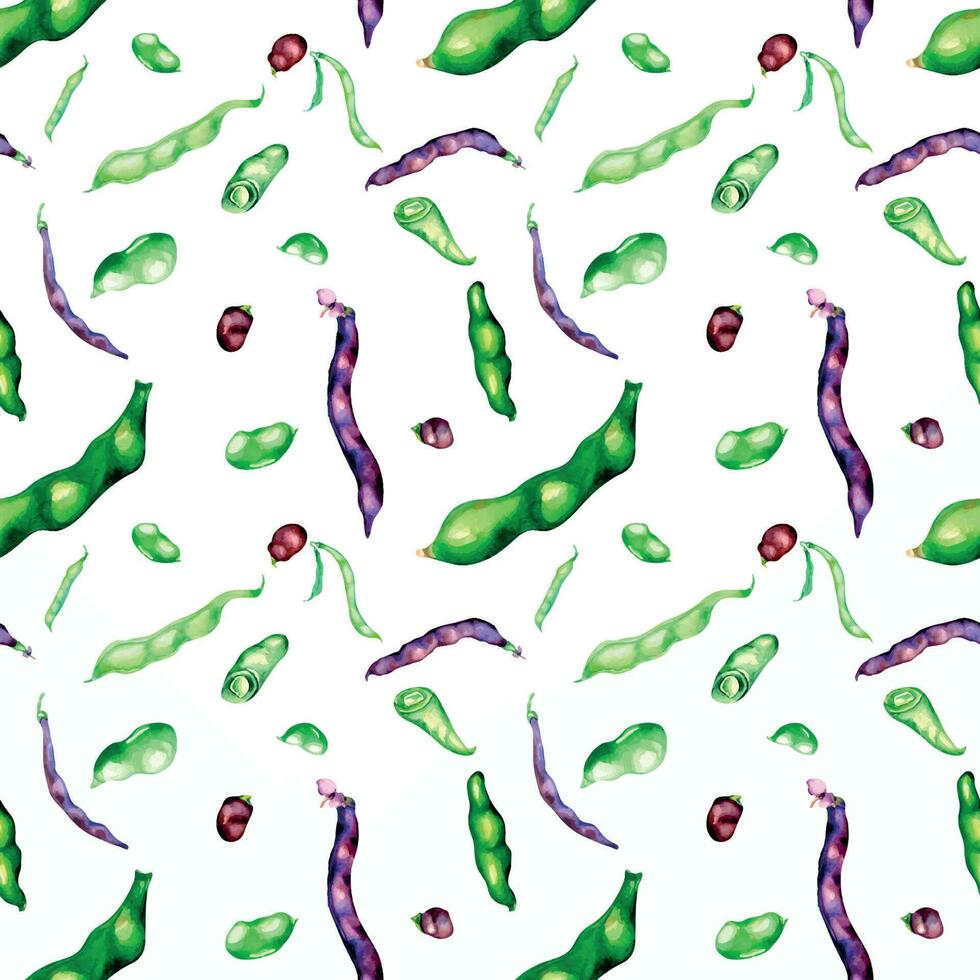 Black string beans, green haricot watercolor seamless pattern vector