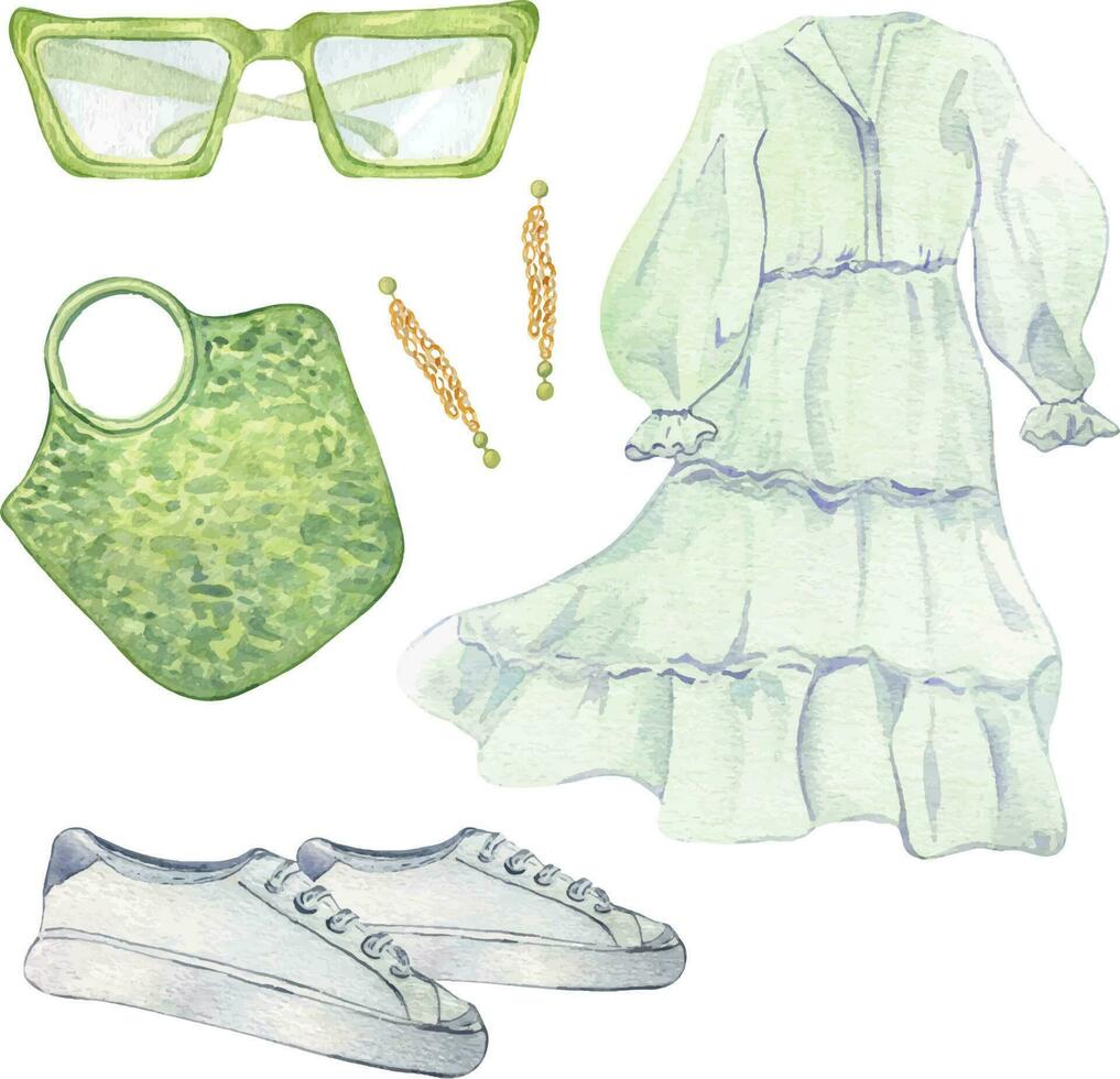 conjunto de ropa blanco vestido, bolsa, Gafas de sol, zapatillas acuarela ilustración aislado en blanco. verano mujer atuendo mano dibujado. diseño para comercio, venta, revista, embalaje, escaparate, modelo vector