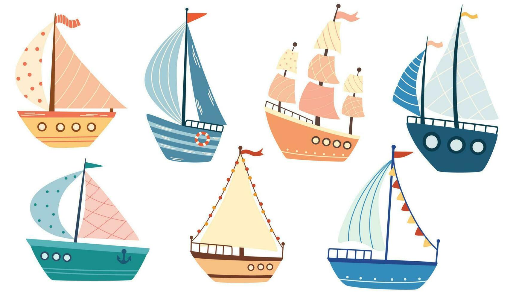 Ships and sailboats set. Isolated cartoon vintage wooden sail boat ship icon collection. Vector old nautical sailboat vessel and ocean travel concept