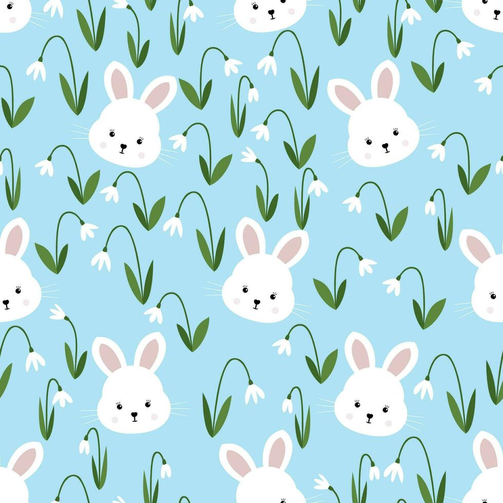 Seamless pattern white bunnies and spring snowdrops vector