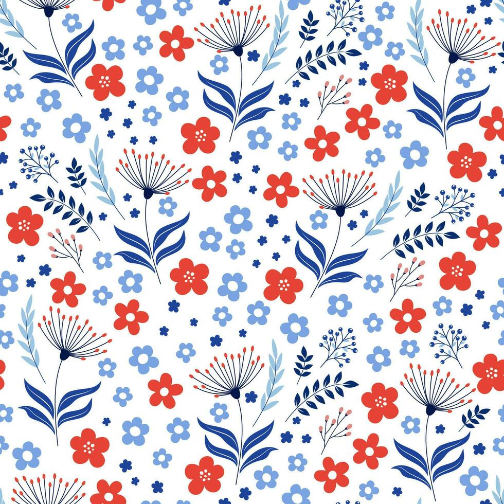 Floral seamless pattern. Cute botanical print, blooming summer meadow illustration with flowers on white background. Great for nursery design, textile, fabric vector