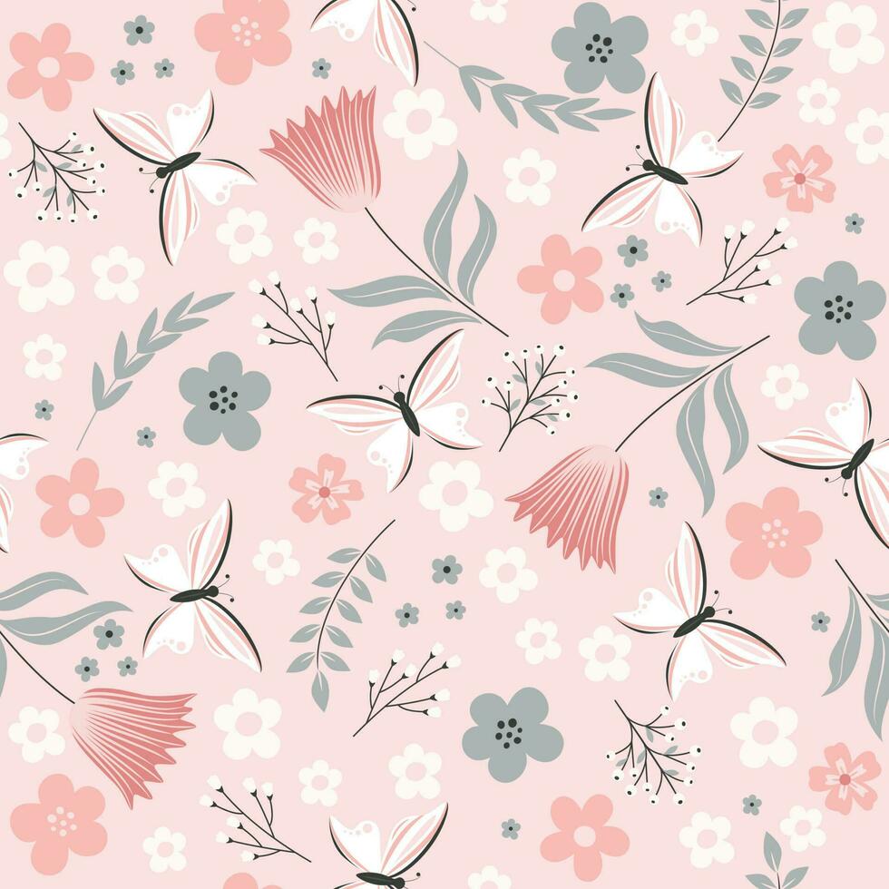 Seamless pattern with flowers and butterflies. Great for nursery design, textile, fabric vector