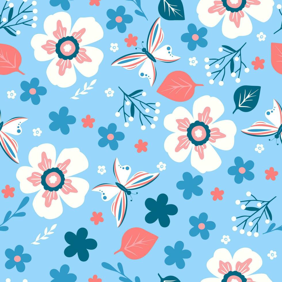 Seamless spring pattern with different cute flowers, leaves and butterflies vector