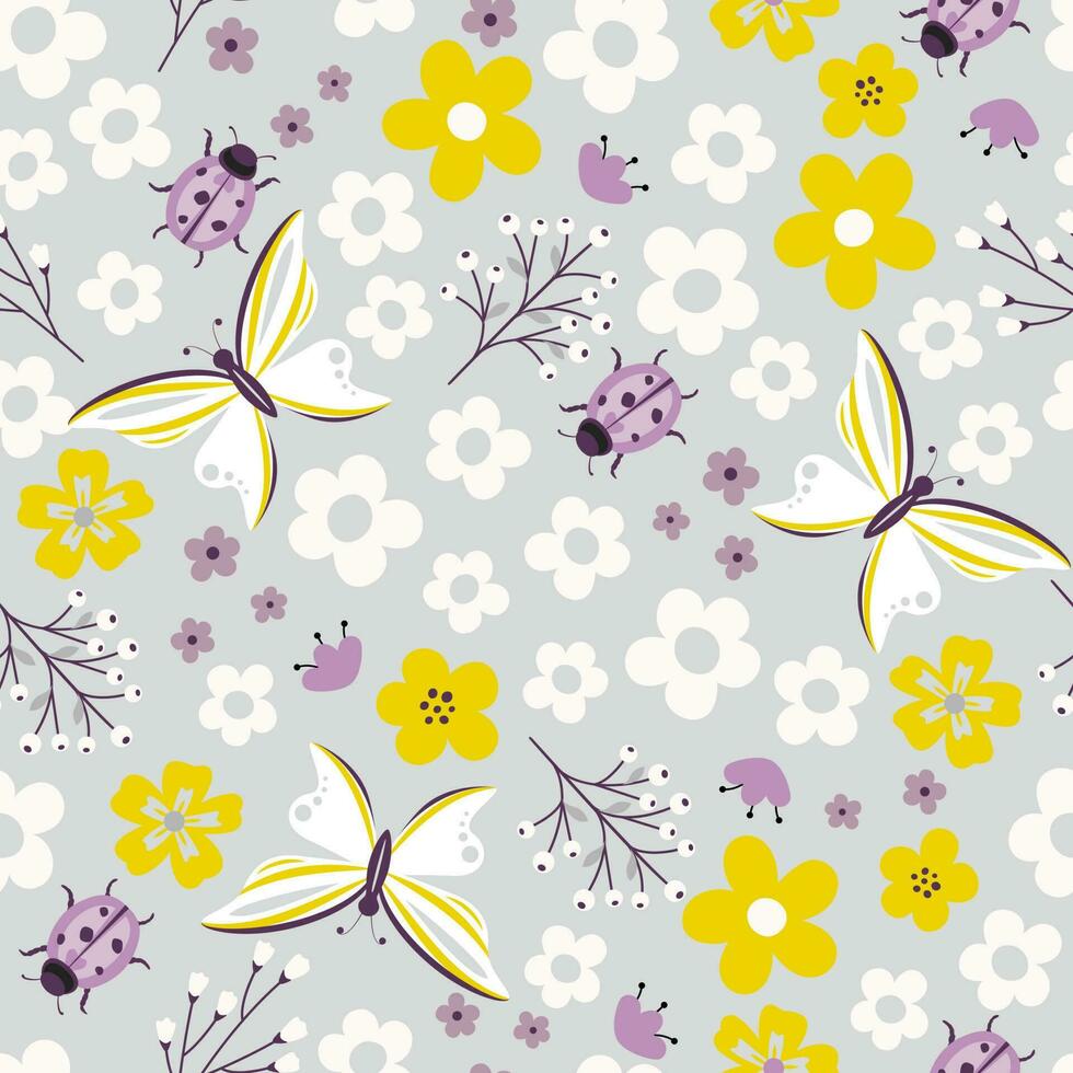 Seamless pattern with flowers, butterflies and ladybugs. Great for nursery design, textile, fabric vector