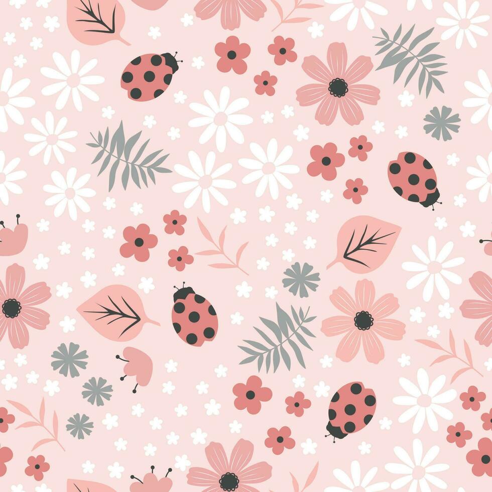 Seamless pink flourish pattern with field flowers, plants and ladybugs vector