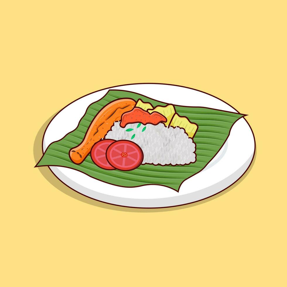 Nasi lemak vector detail, with tofu, fried chicken and chili Indonesian food icon