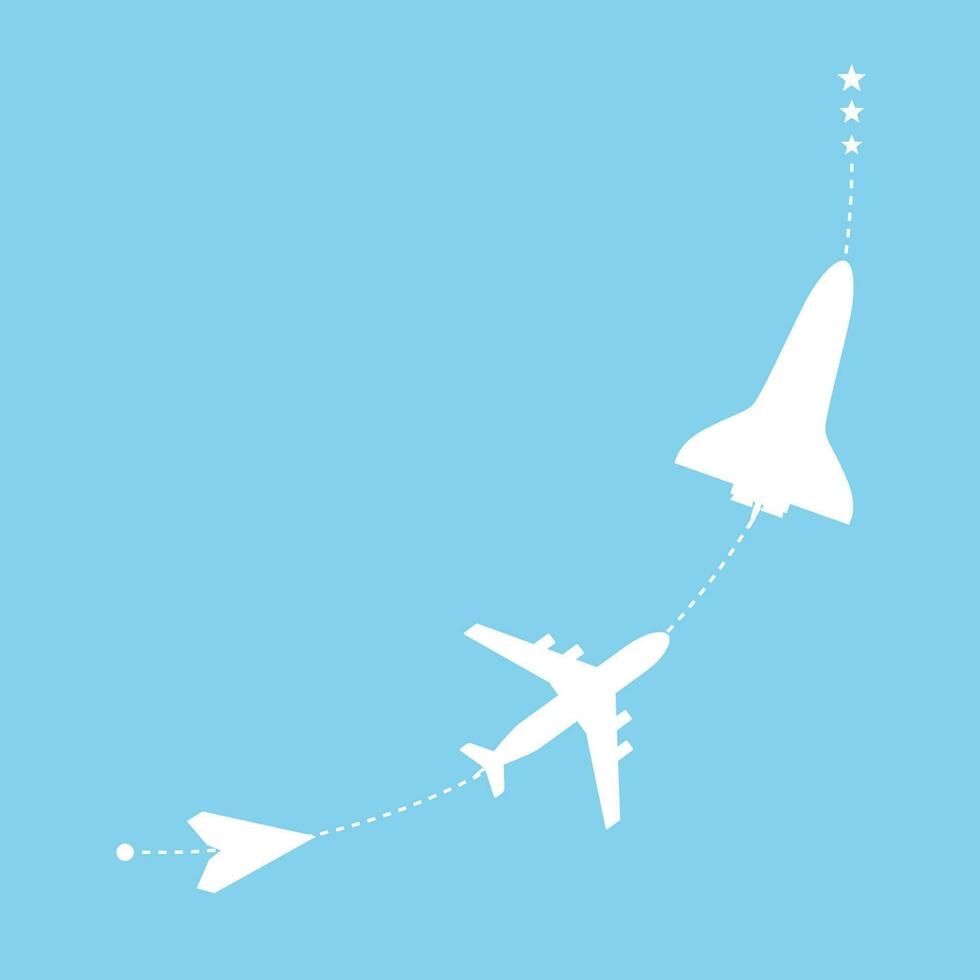 Progress, development, improvement illustration. Planes and shuttle flying through the pathway vector