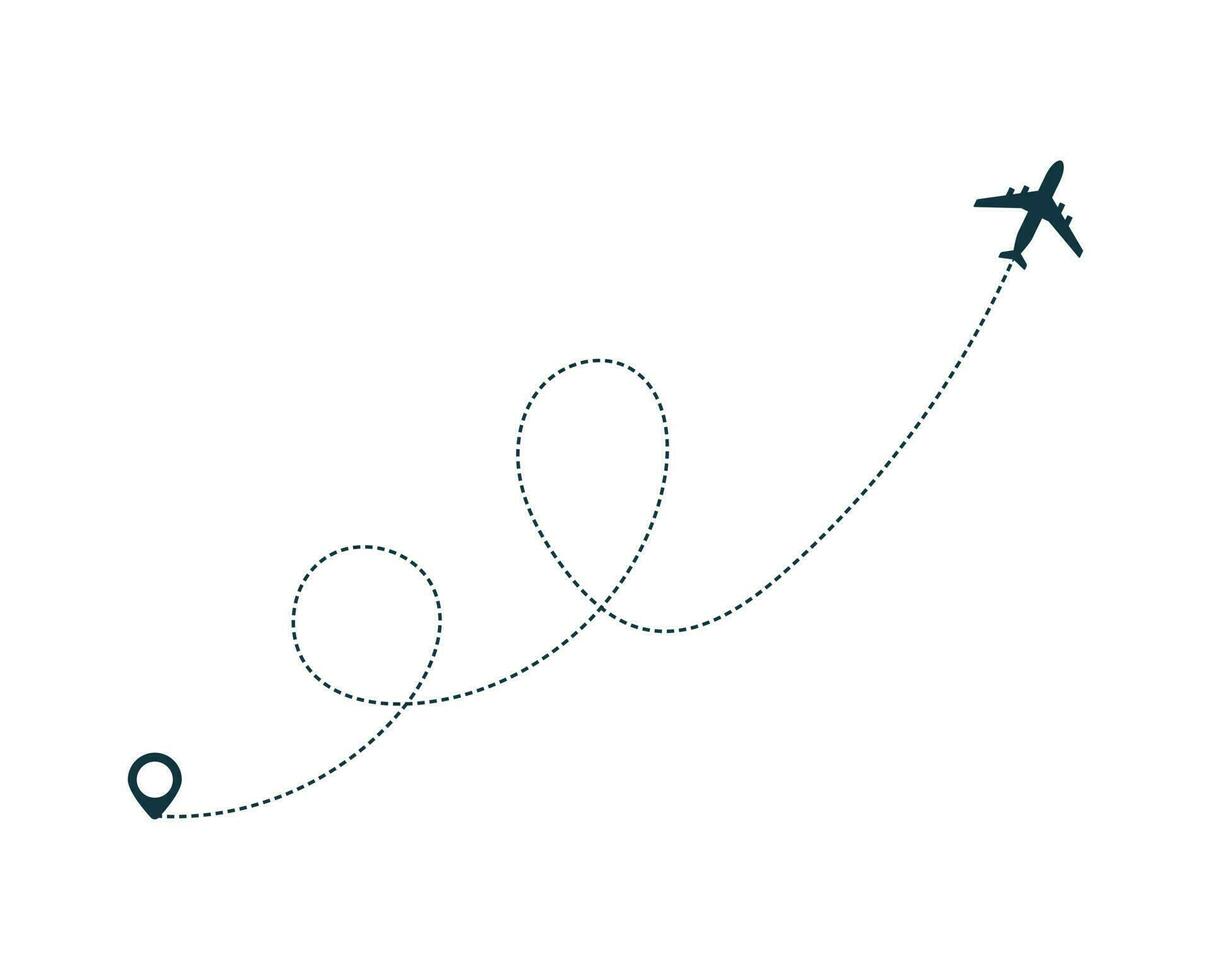 Airplane silhouette icon with dotted line path. vector