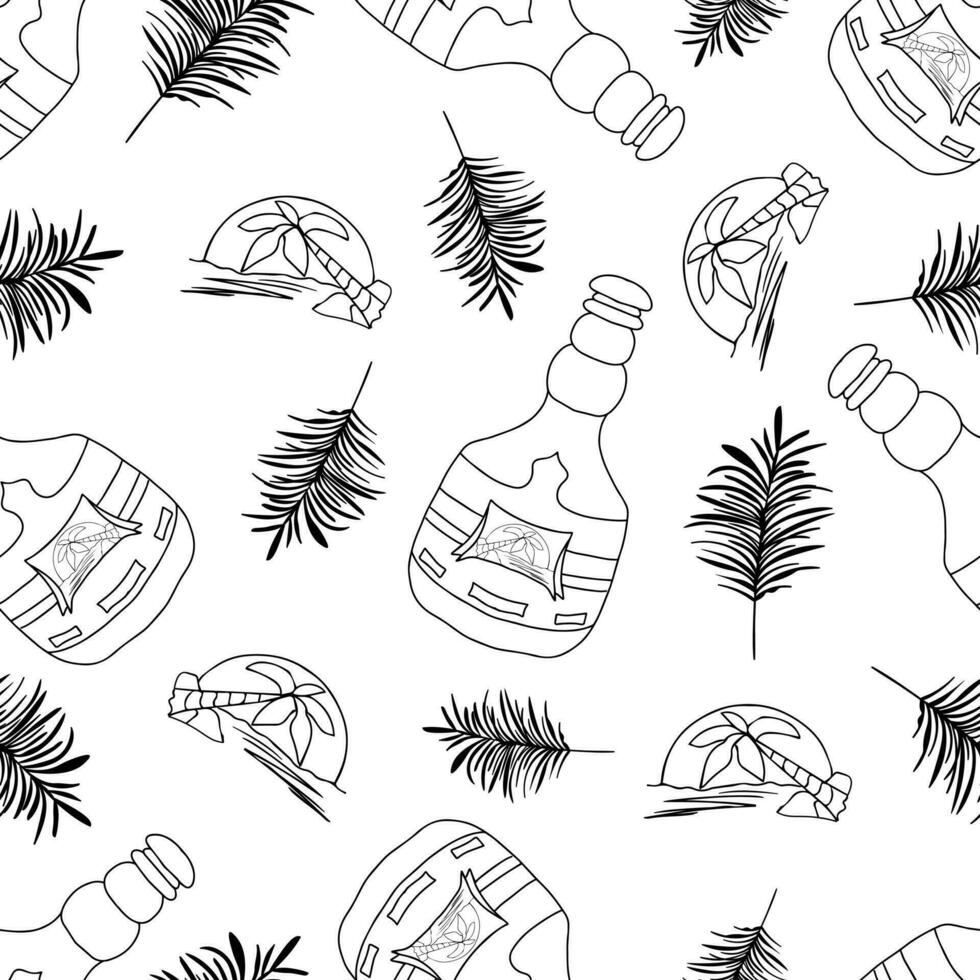 Seamless pattern with hand drawn doodle rum bottle with palm tree at sunset on the label and palm leaves elements. Black elements on a white background vector