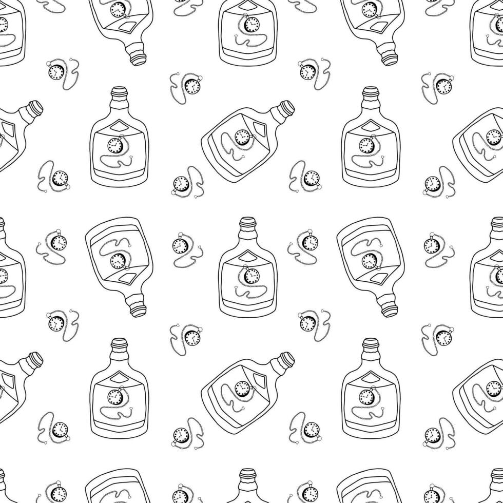 Seamless pattern with hand drawn doodle whiskey bottle with vintage pocket watch with chain on the label. Black elements on a white background vector