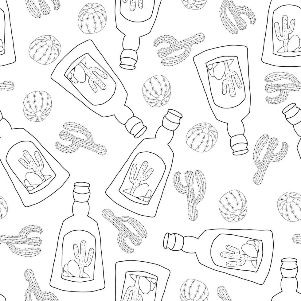 Seamless pattern with hand drawn doodle tequila bottle with desert cactus on the label and cacti elements. Black elements on a white background vector