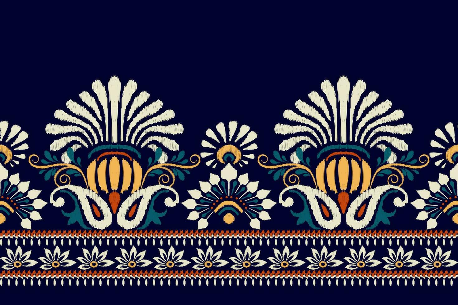 ikat floral cachemir bordado en Armada azul fondo.ikat étnico oriental modelo tradicional.azteca estilo resumen vector ilustración.diseño para textura,tela,ropa,envoltura,decoración,pareo.