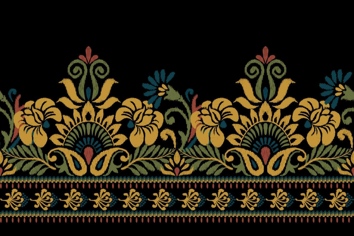 Ikat floral paisley embroidery on black background.Ikat ethnic oriental pattern traditional.Aztec style abstract vector illustration.design for texture,fabric,clothing,wrapping,decoration,sarong,scarf