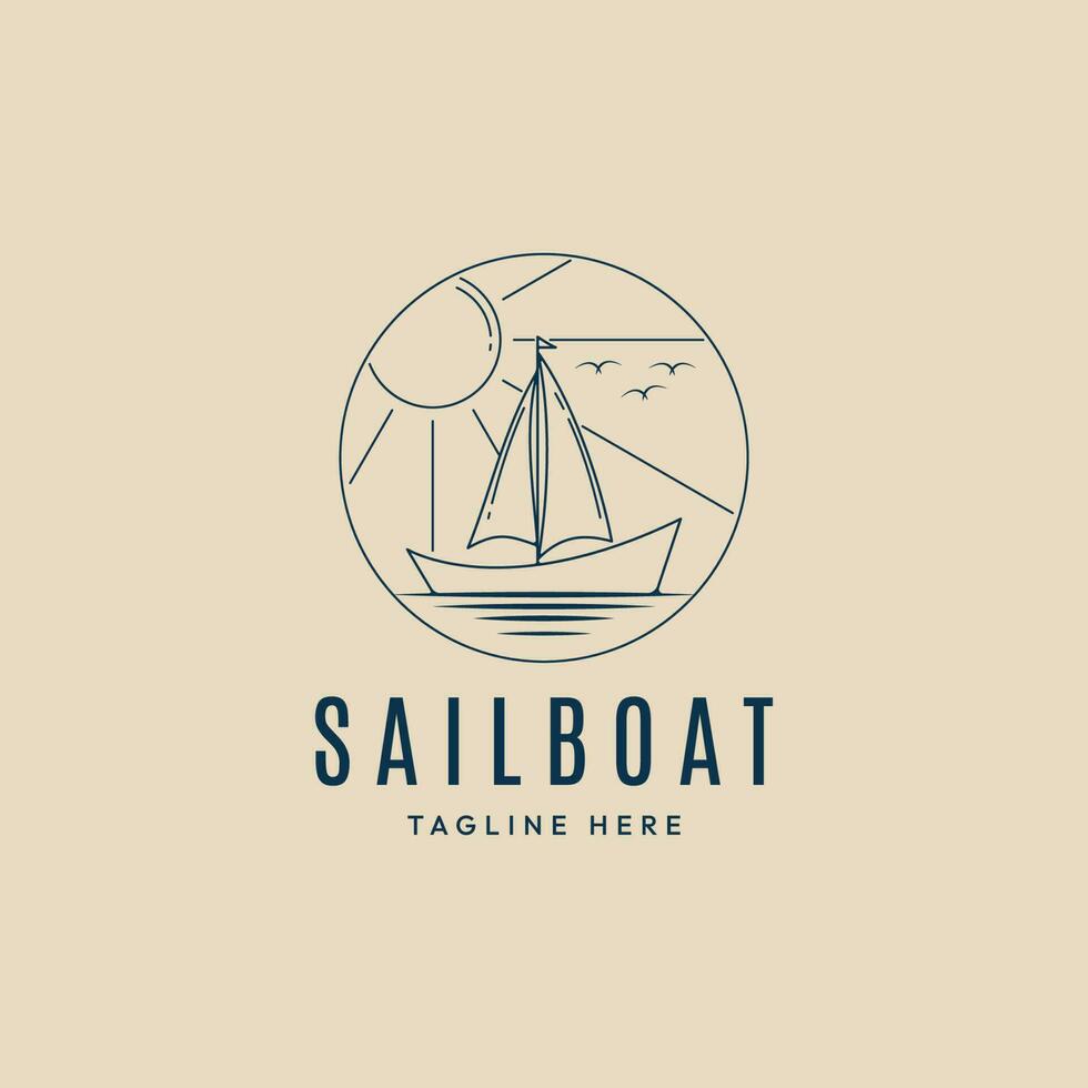 sail boat ocean sunlight line art logo vector illustration design