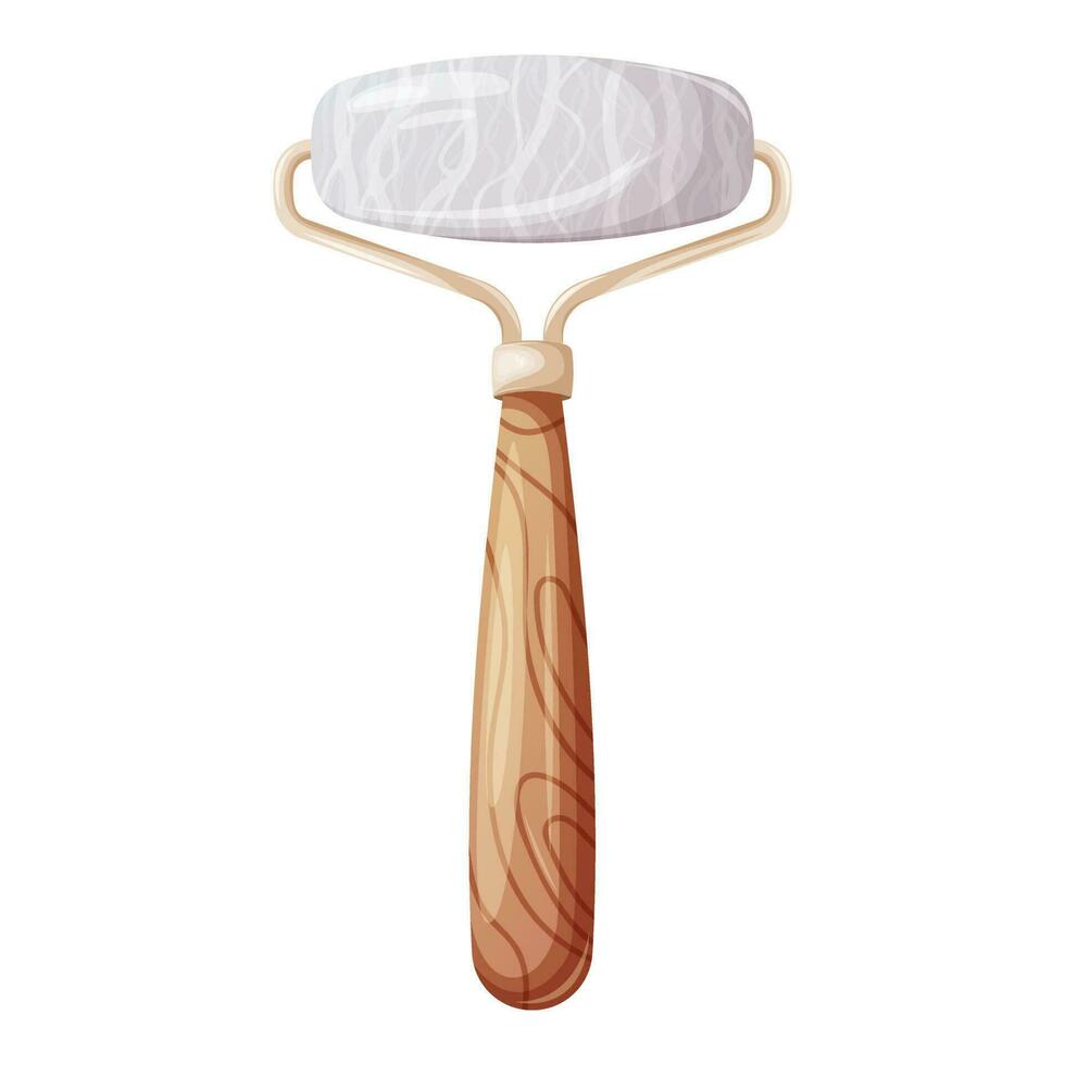 Gua sha roller with wooden handle for face and body massage made of natural stone, white agate, rose quartz. Concept for skin care. vector