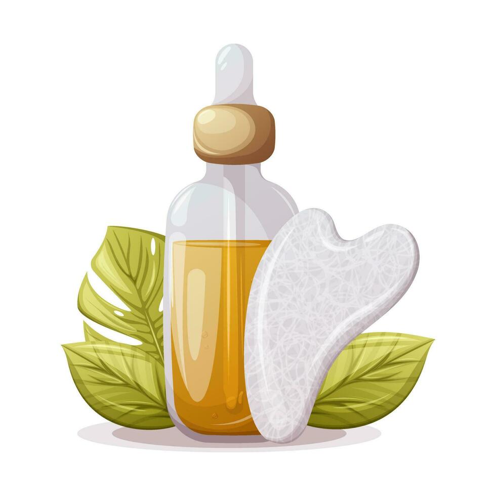 Glass bottle with oil serum pipette, white agate gua sha surrounded by tropical leaves. Side view. Cosmetic fluid. Skin care concept. Trendy vector illustration.