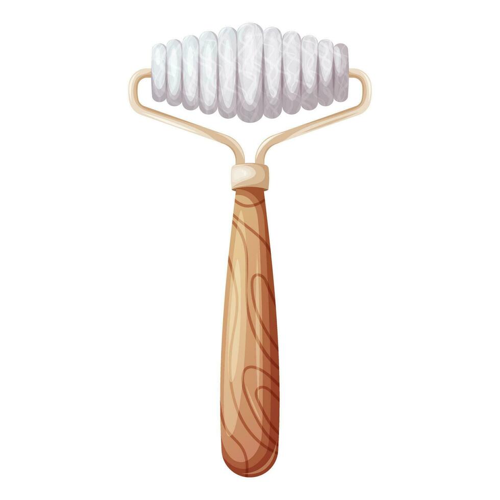 Gua sha roller ribbed with a wooden handle for face and body massage made of natural stone, white agate, rose quartz. Concept for skin care. Trendy vector illustration.