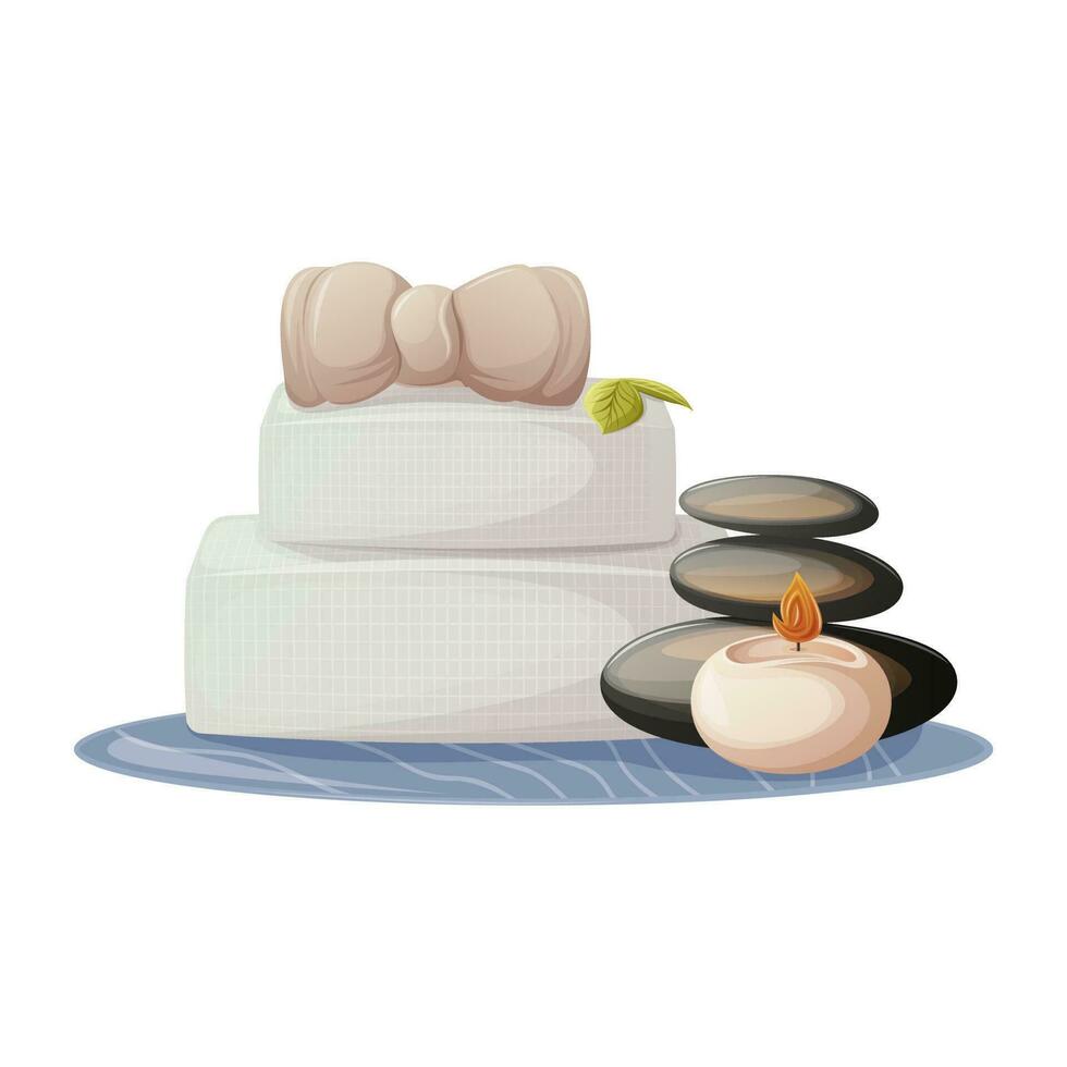 Accessories for relaxation. Burning candle, spa stones, folded towels, headband with bow. For massage, relaxing treatments. Health and beauty. Trendy vector illustration