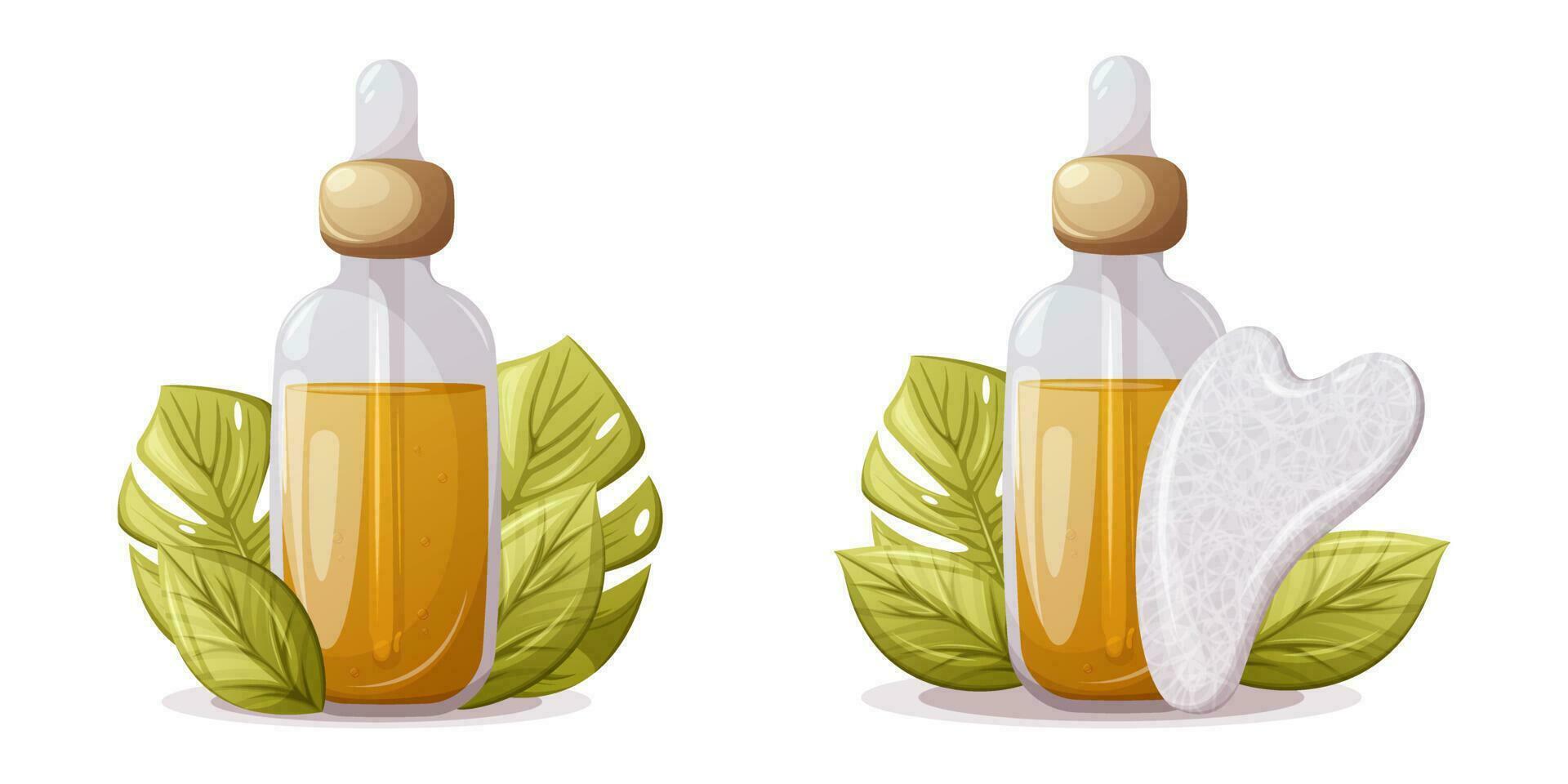A set of glass bottles with oil serum pipette, white agate gua sha surrounded by tropical leaves. Side view. Cosmetic fluid for skin care. Trendy vector illustration.