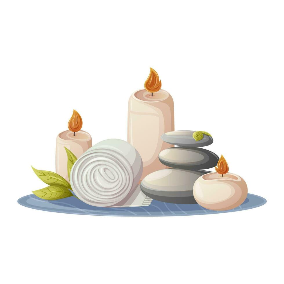 Accessories for relaxation. Burning candles, spa stones, a rolled up towel. For massage, relaxing treatments, meditation. Health and beauty. Trendy vector illustration