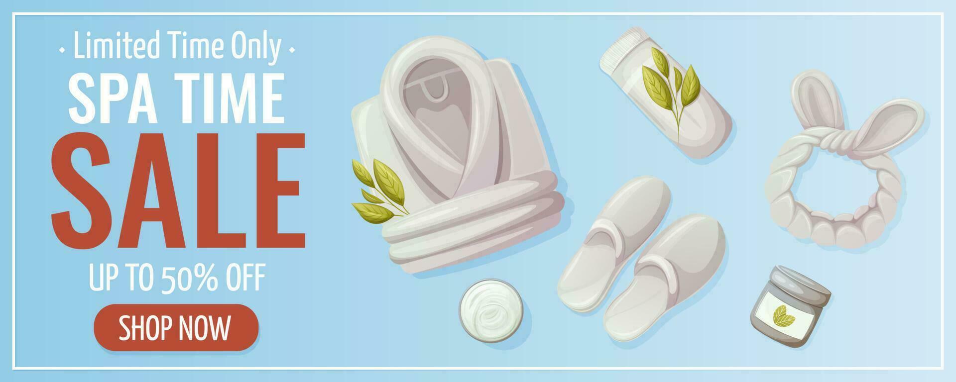 Spa time, sale promotion banner. Bathrobe, slippers, headband, rolled towel and body cream. Items for salon, massage, relaxation. Vector illustration. For poster, advertising, website.