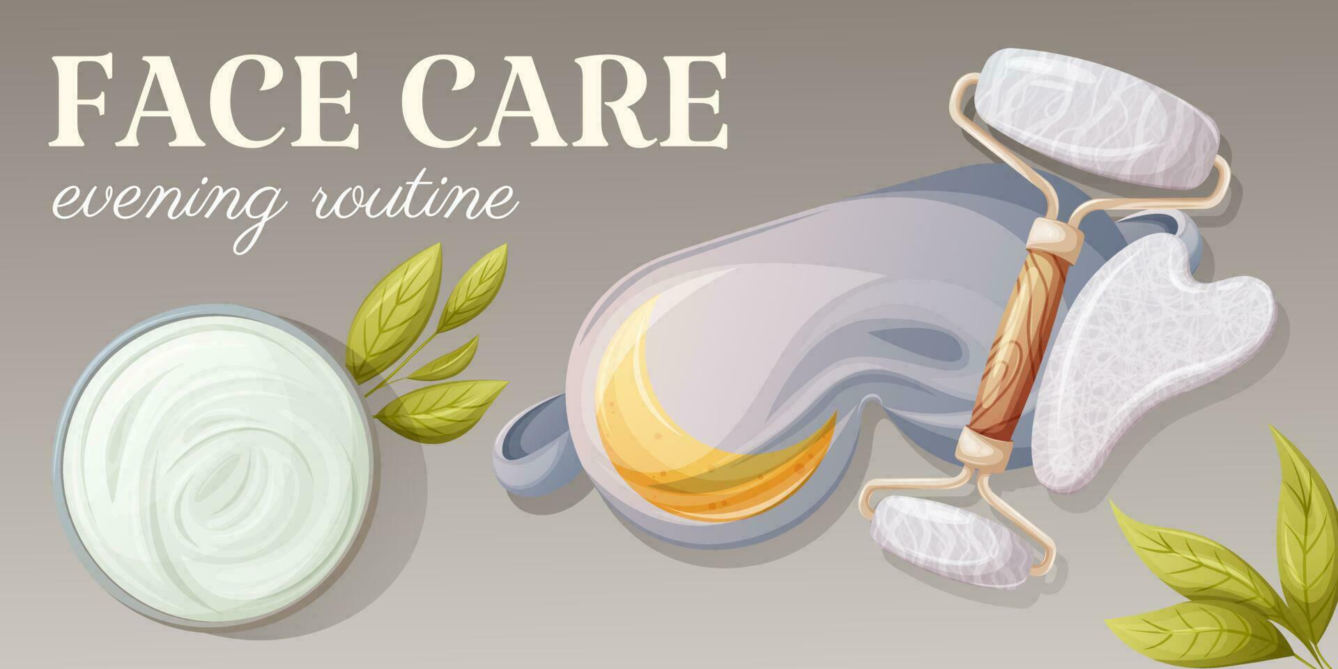 Items for skin care before bedtime. Eye mask for sleeping, gua sha roller and scraper of natural stone, cream. Health and beauty. Top view. Face care banner, evening routine. Vector illustration