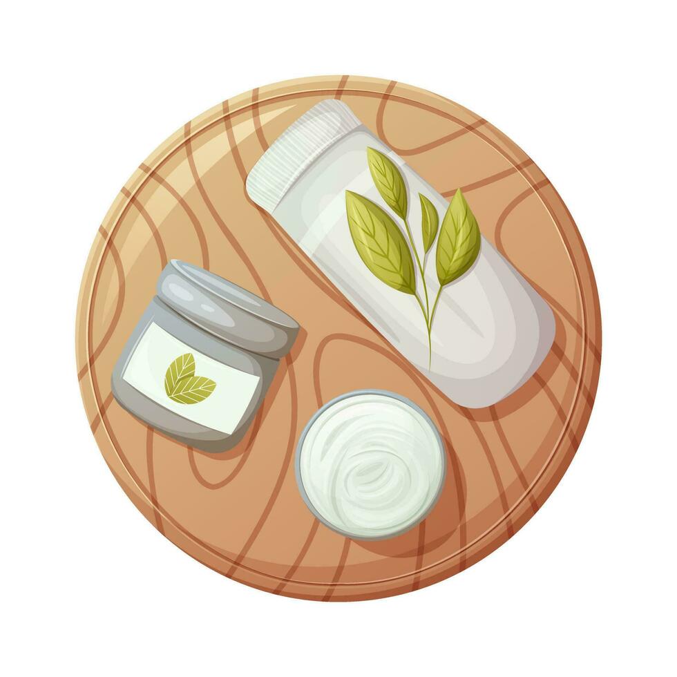 Round wooden board with rolled up towel and cream in a jar. Top view. Health and beauty. Trendy vector illustration.