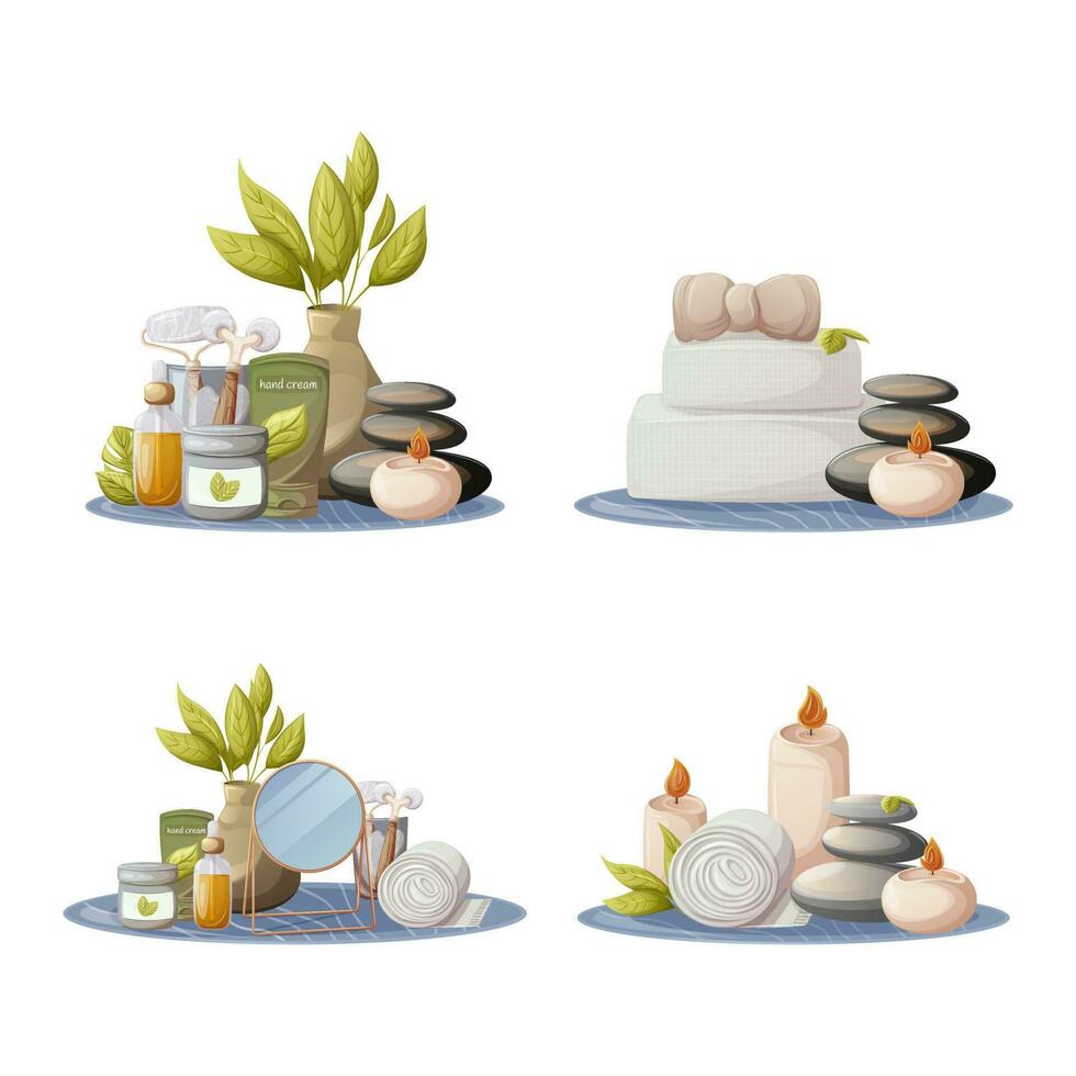 Set of items for self-care, face and body skin care. Candles, spa stones, towel, mirror, cream, oil serum, gua sha tools, headband. For massage, relaxation. Health and beauty. Vector illustration