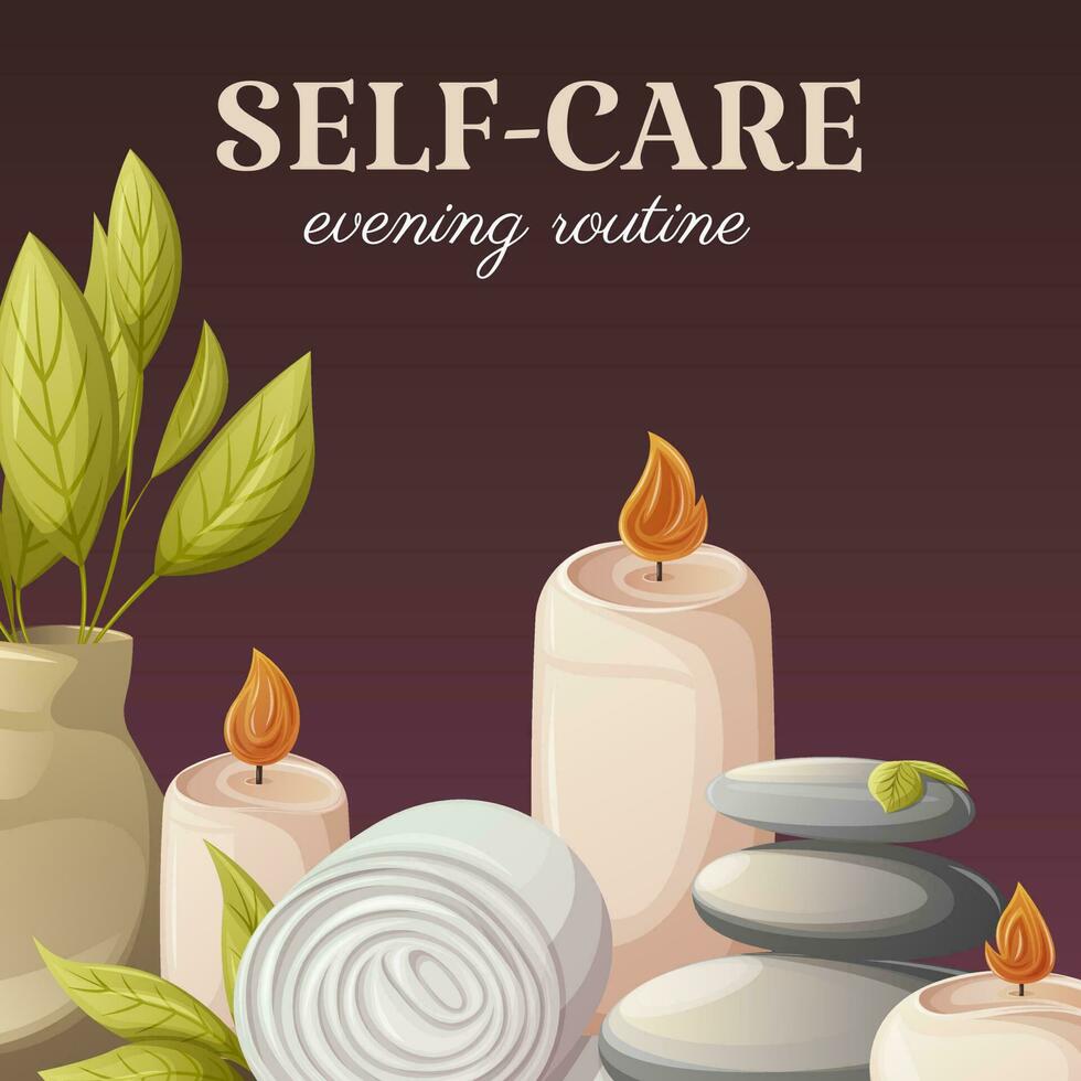 Spa stones surrounded by burning candles. Towel, vase with green leaves. Items for salon, massage, relaxation. Self-care, evening routine, square card. Vector illustration