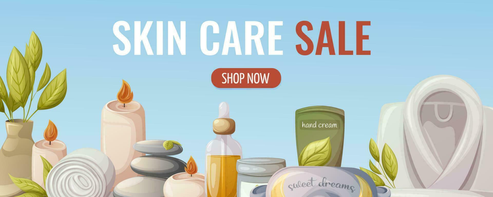 Skin care sale poster. Items and accessories for face and body skin care, relaxation. Burning candles, spa stones, oil serum, eye mask for sleeping, cream, towel, bathrobe. Vector illustration