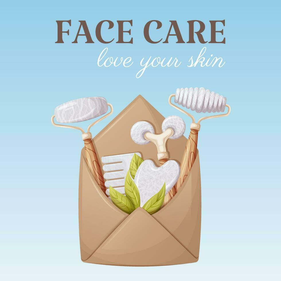 Envelope with gua sha massage tools. Scraper, rollers, comb made of natural stones, white agate, rose quartz. Face care, love your skin, square card. Vector illustration