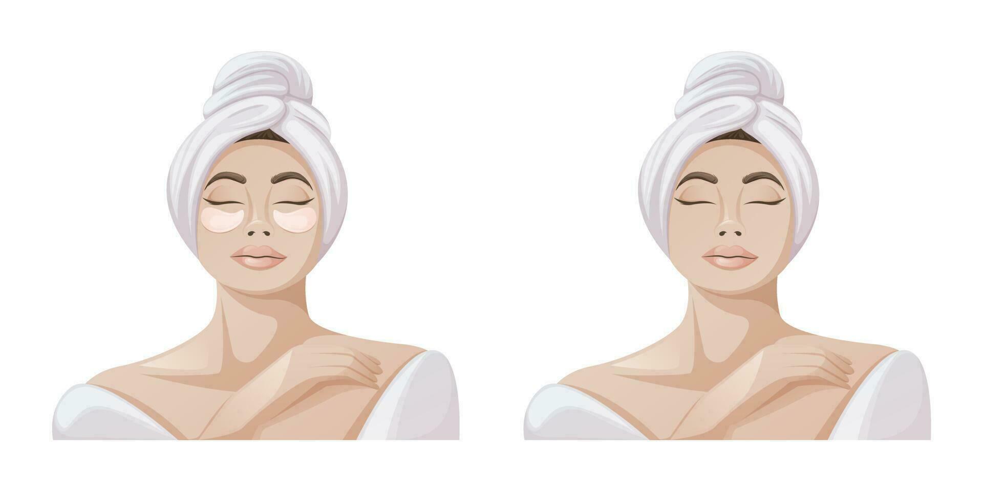 Woman in white bathrobe and towel. The concept of spa, relaxation, face and body skin care. Eye patches. Health and beauty. Trendy vector illustration