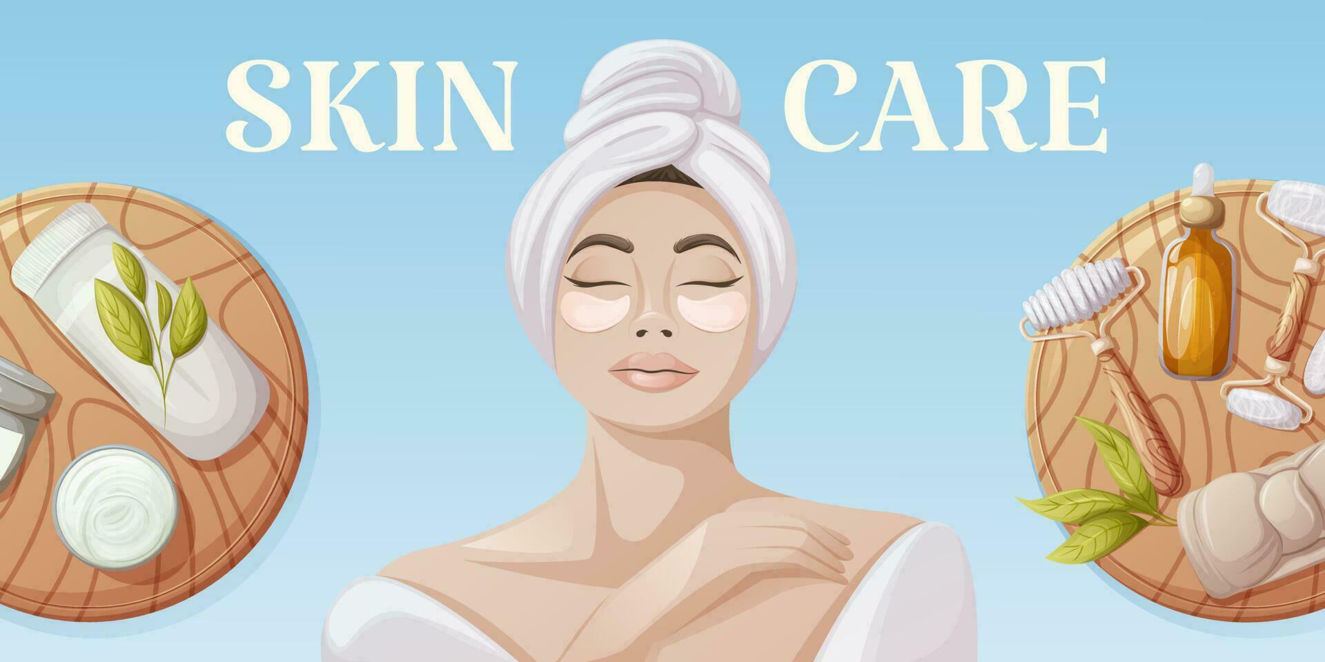 Skin care banner. European woman in a white bathrobe and towel. Eye patches. Round wooden stand with gua sha tools, headband, oil serum and cream. Concept of self-care. Vector illustration