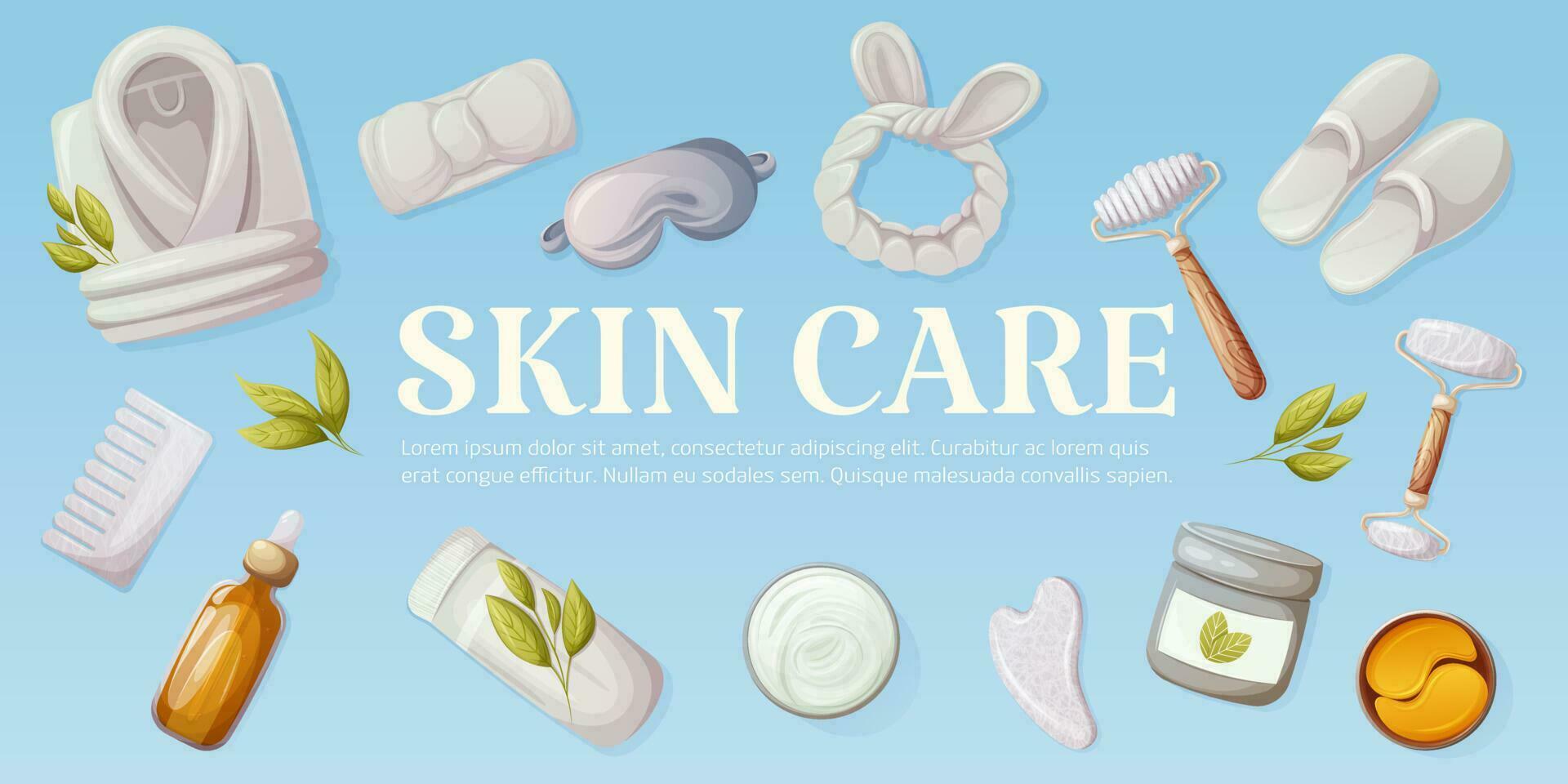 Items for self-care. Gua sha tools, oil serum, folded bathrobe, slippers, headband, eye mask and patches, cream. Skin care banner with space for text. Vector illustration