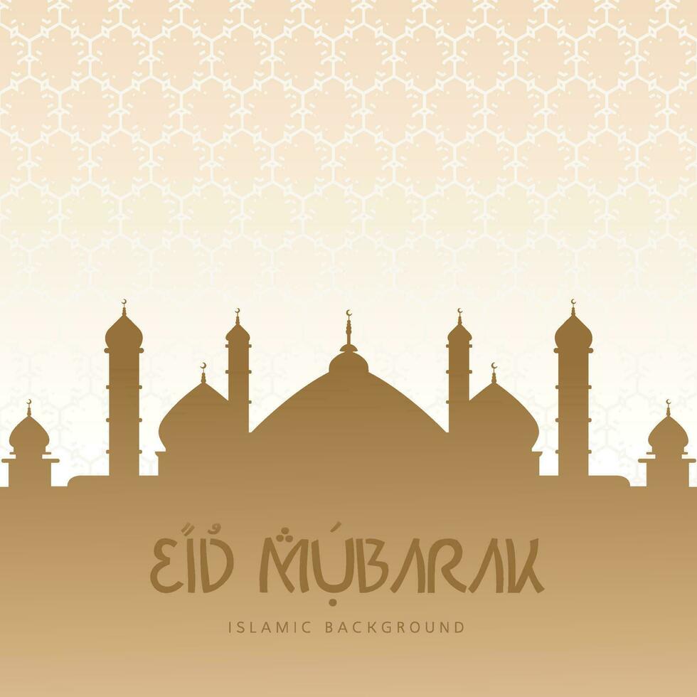 Gold eid mubarak with arabic letter and mosque background vector